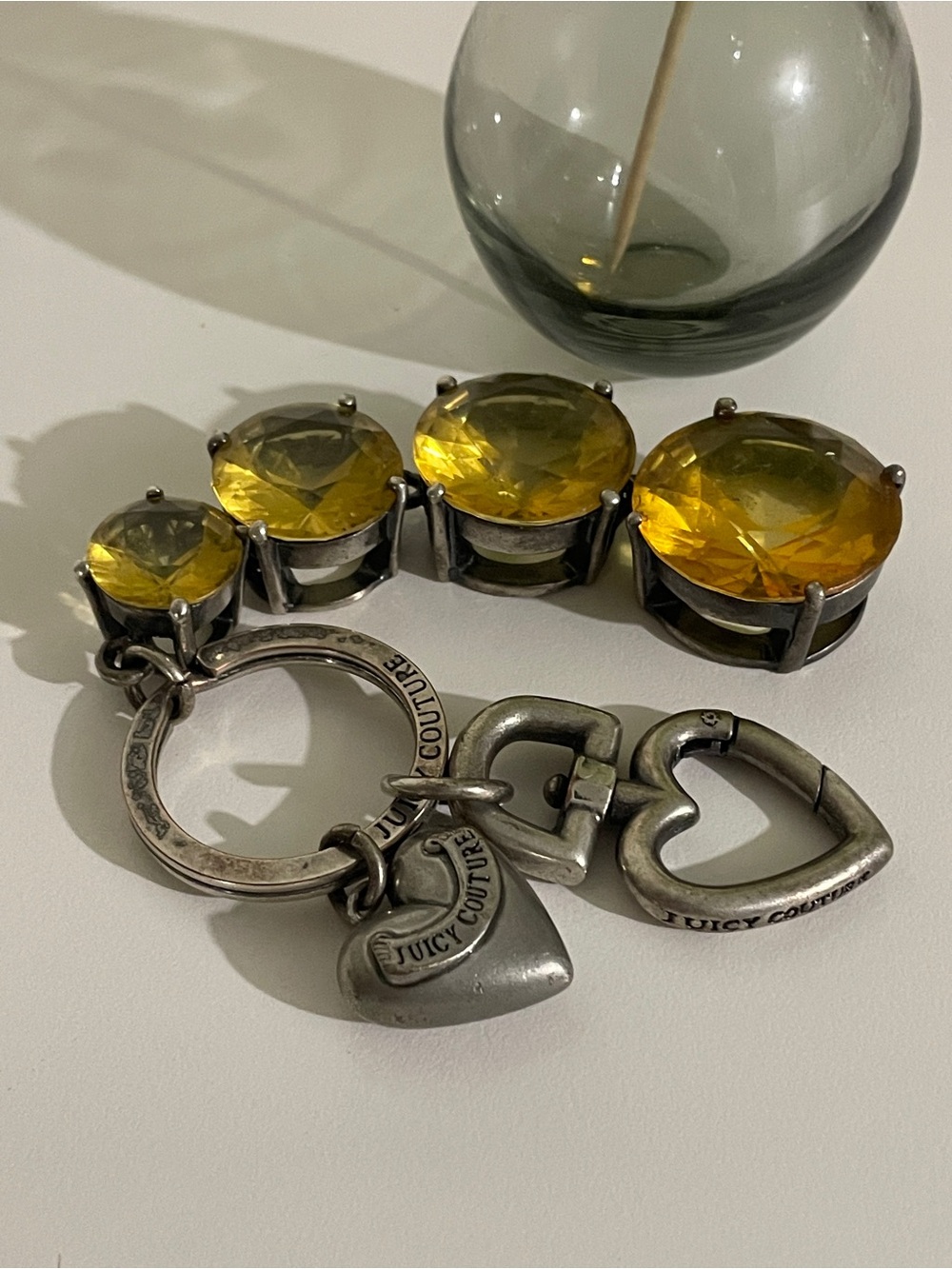 Vintage Juicy Couture Rhinestone Keychain, chunky amber-silver Heart Charm